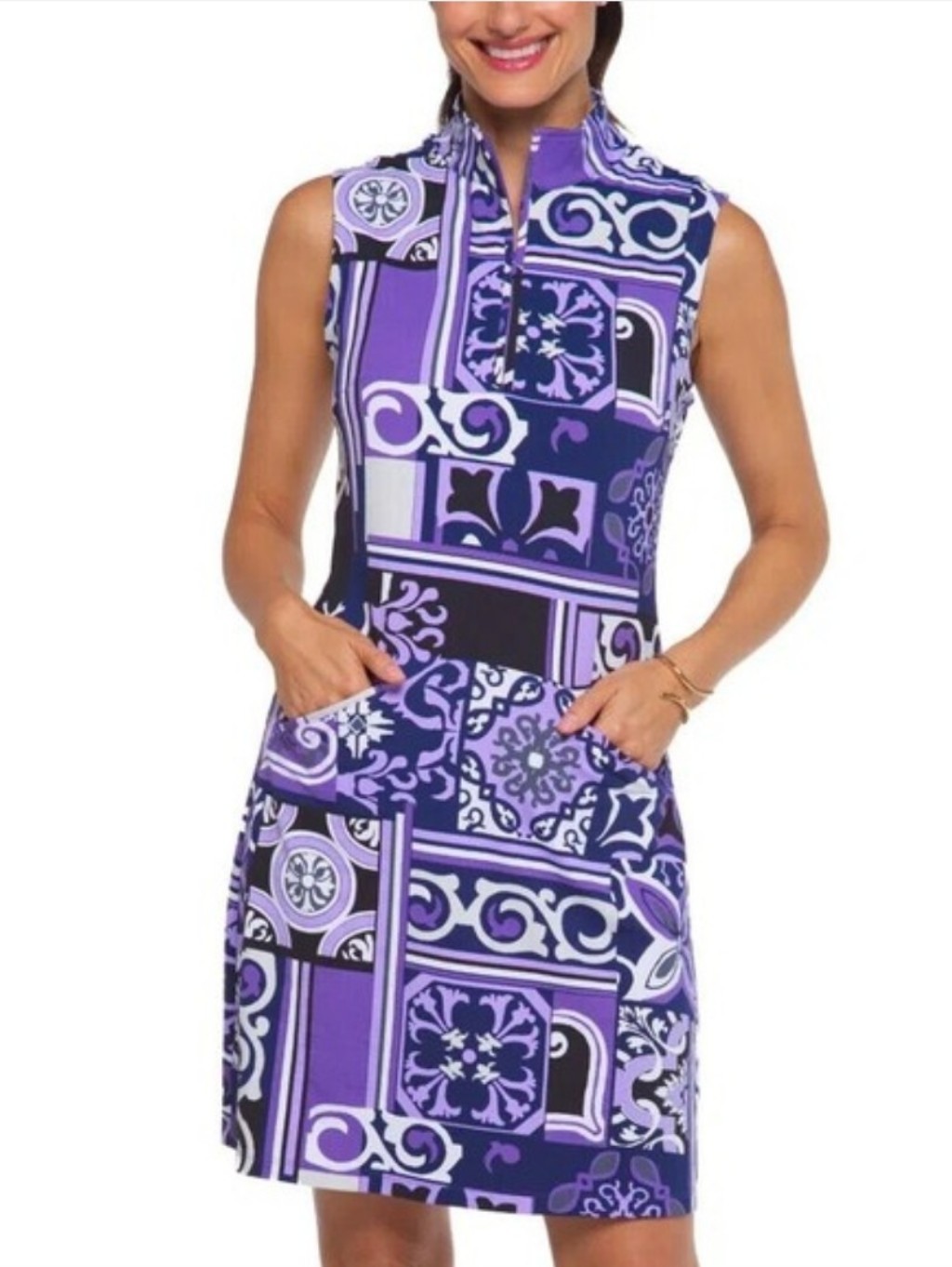 Ibkul Jacklin Sleeveless Mock Neck Dress Purple Golf Zip Womens Xs